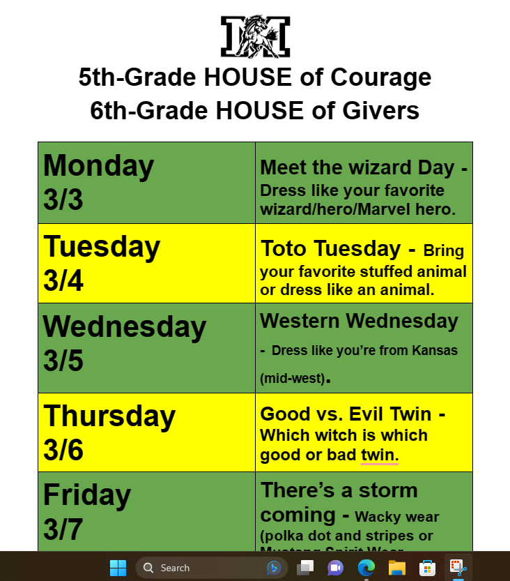 5th-Grade Spirit week - April 3rd-7th